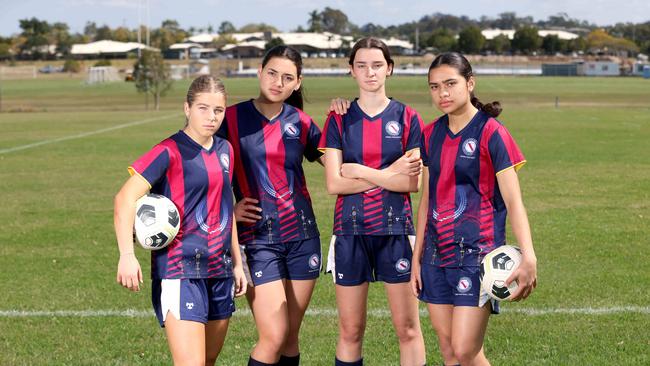 Young Matildas from Brisbane State High. L to R: Lily Punch 14yrs*, Arianna Skeers 17yrs, Eve Lee 17yrs, Grace Kuilamu 16yrs*