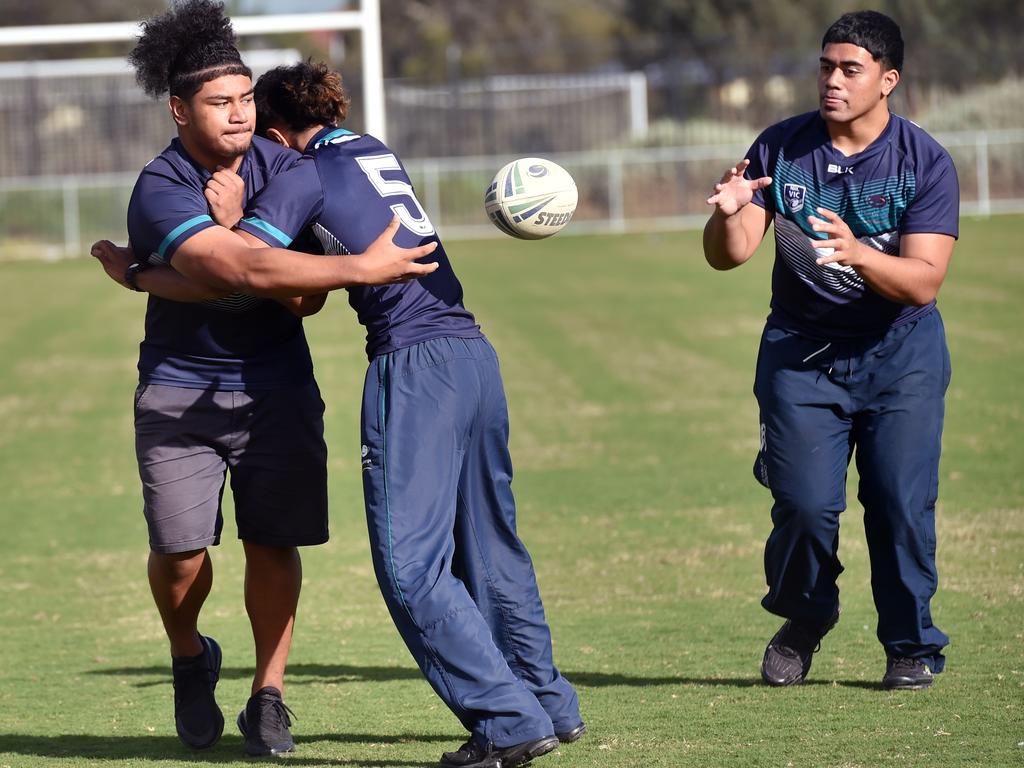 The NRL are expanding their pathways program in Victoria, with The Grange College joining the ranks for the first time. Richard Junior Gabriel, Ethan Barlow-Sua and Muao Kaisala show off their technical drills. Picture: Nicki Connolly