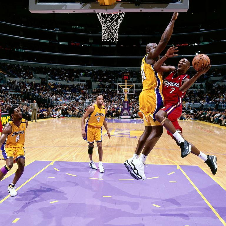 Lamar Odom of the Los Angeles Clippers goes for a layup against Shaquille O’Neal #34 of the Los Angeles Lakers during the NBA game at the Staples Center circa 2000 in Los Angeles. Picture: Getty