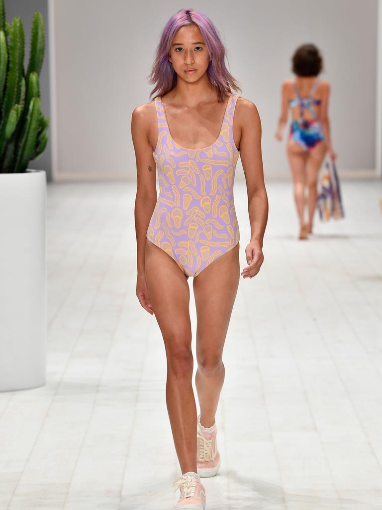 A model walks the runway in a design by Camp Cove Swim during the Swim show at Mercedes-Benz Fashion Week Resort 19 Collections at Carriageworks on May 14, 2018 in Sydney, Australia. (Photo by Stefan Gosatti/Getty Images)