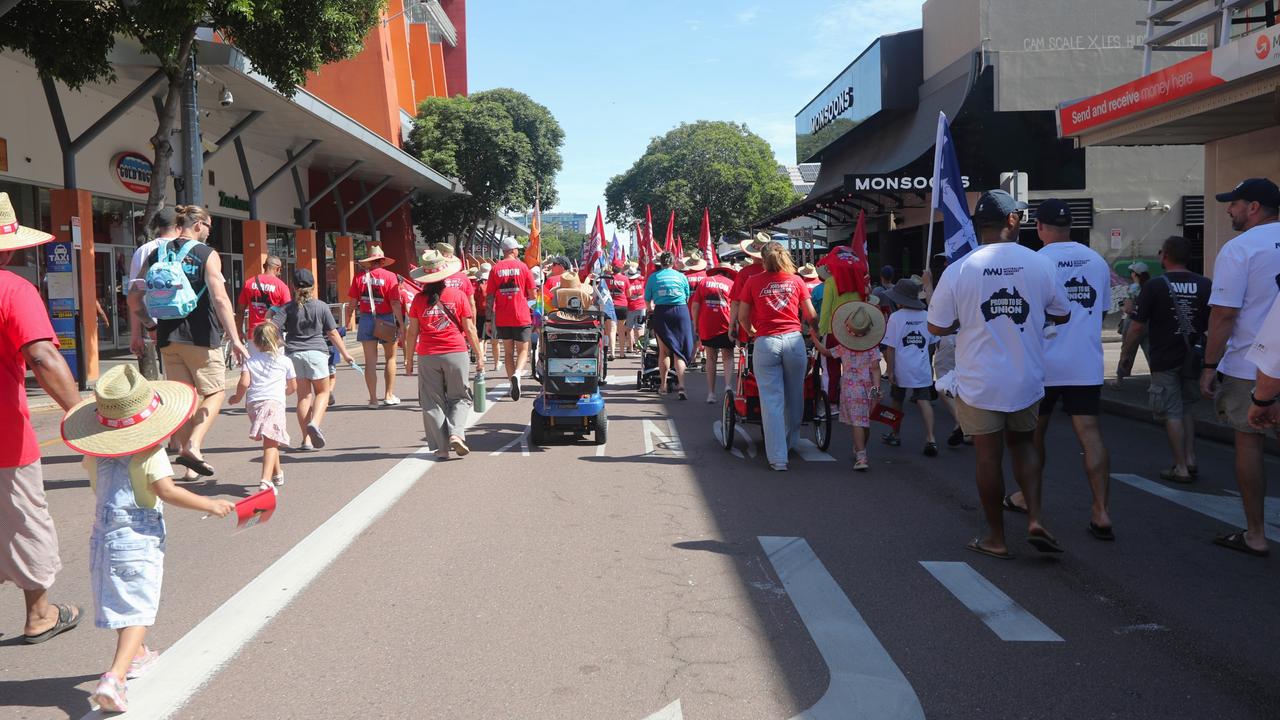 Hundreds of Territorians marched through Darwin for the annual May Day march, celebrating union victories including the eight-hour work week, on Monday, May 5. Picture: Zizi Averill
