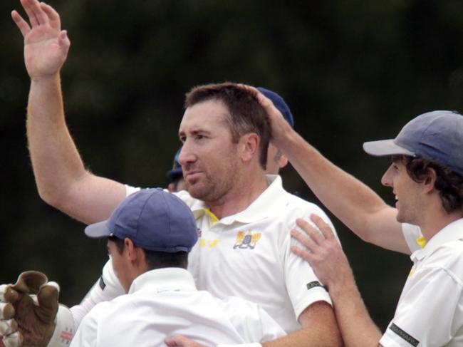 Sub-District grand final: Ormond v Oakleigh at EE Gunn Reserve Ormond.Dale Christie bowling for Ormond after a wicket.Picture: Richard Serong