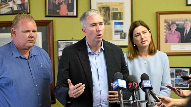 AGED CARE: Labors candidate for Hinkler Richard Pascoe, Senator Anthony Chisholm and Shadow Minister for Ageing and Mental Health Julie Collins. Picture: Mike Knott BUN301018PAS13