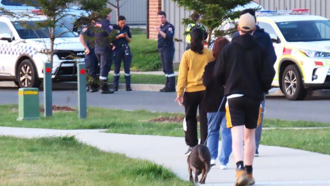 Residents walk down Swan Boulevard in Winter Valley as police and paramedics see to the incident.