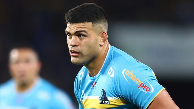 GOLD COAST, AUSTRALIA - MAY 04: David Fifita of the Titans runs the ball during the round nine NRL match between Gold Coast Titans and Melbourne Storm at Cbus Super Stadium, on May 04, 2024, in Gold Coast, Australia. (Photo by Chris Hyde/Getty Images)