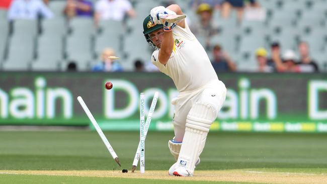 Aaron Finch’s stumps were splattered after a shocking shot in the first innings, but Marcus Harris has backed him to bounce back. Picture: AAP