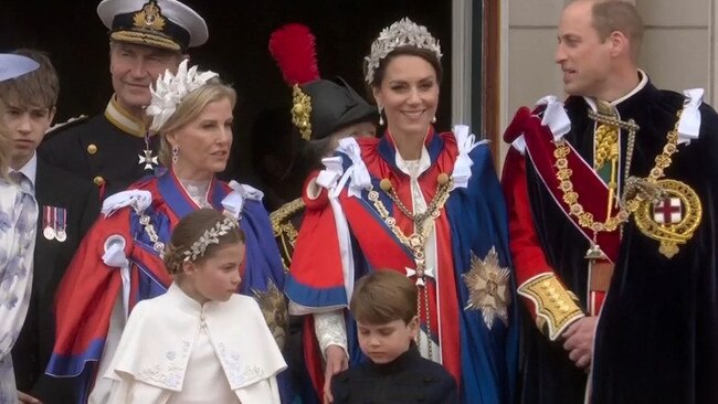 Prince William, Princess Catherine, Sophie, the Duchess of Edinburgh, Princess Charlotte and Prince Louis on the balcony at Buckingham Palace. Picture: Sky News