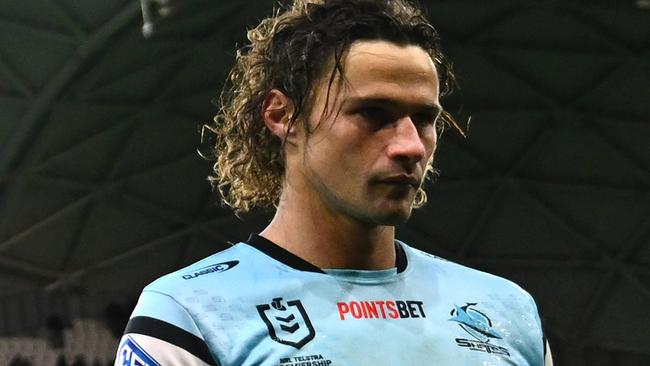 MELBOURNE, AUSTRALIA - SEPTEMBER 14:  Cameron McInnes and Nicho Hynes of the Sharks walk off the field after losing the NRL Qualifying Final match between Melbourne Storm and Cronulla Sharks at AAMI Park on September 14, 2024 in Melbourne, Australia. (Photo by Quinn Rooney/Getty Images)