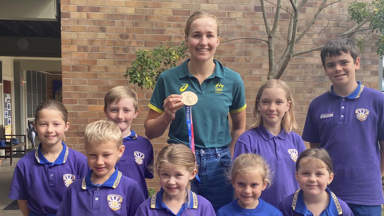 Warwick Olympian Harriet Hudson (centre back) with Wheatvale students (clockwise from back left) Chloe McDougall, Lawson Turner, school captains Ruby Tunbridge and Peter Dunn, Sophie Williamson, Isla Zadow, Taylor Kolenich, and Toms Lauberts.