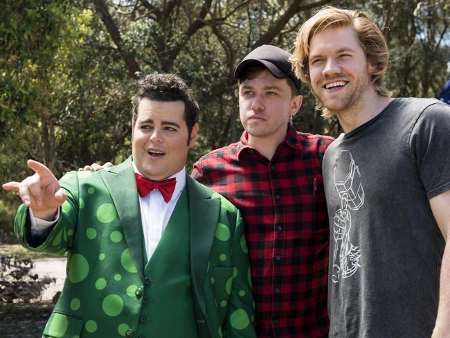 Comedian and actor Josh Gad, Abe Forsythe and Alexander England on set of Little Monsters. Picture: Supplied