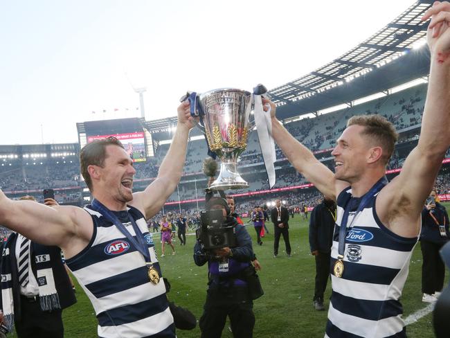 Dangerfield and Selwood enjoy the premiership success. Picture: Mark Wilson