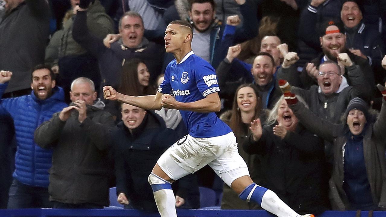 Everton's Richarlison celebrates scoring his side's first goal of the game against Chelsea. Picture: Martin Rickett/PA via AP