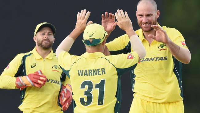 John Hastings celebrates with teammates after dismissing Sri Lanka’s Thisara Perera in 2016. Picture: ISHARA S.KODIKARA