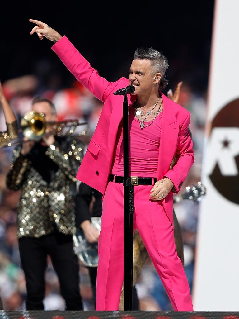 Robbie Williams performing at the 2022 AFL grand final. (Photo by Dylan Burns/AFL Photos via Getty Images)