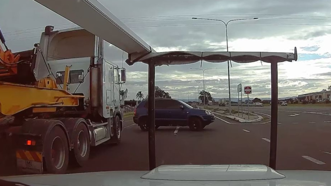 The blue car pulled out in front of the truck on the highway. Picture: Facebook@Dash Cam Owners Australia