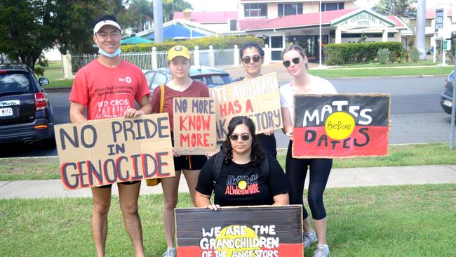 Hayden Jane, Sasha Clafton, Ella Ceolion, Emelia Festa and Sally Smith at Rockhampton's Invasion Day Rally 2021