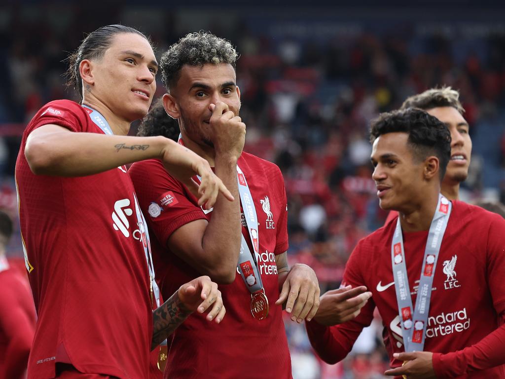 Darwin Nunez (left), Luis Diaz (middle) and Fabio Carvalho (right) all bring something different to Liverpool. Picture: Marc Atkins/Getty Images