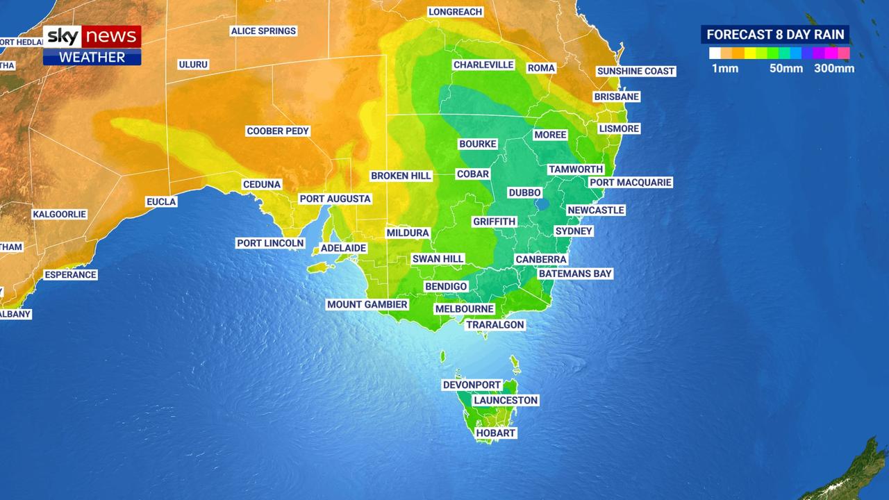 Total 8-day falls of more than 100mm are very possible. Sydney saw more than 90mm on Thursday alone. Picture: Sky News Weather