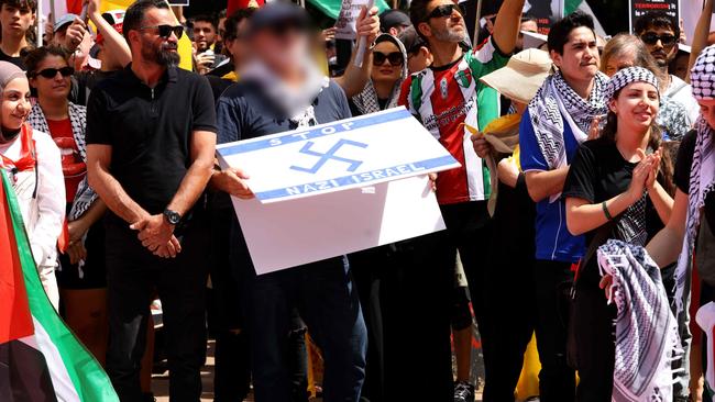 A protester pictured holding a placard with a Nazi-like symbol in Hyde Park, Sydney. Picture: NewsWire / Damian Shaw Al Yazbek