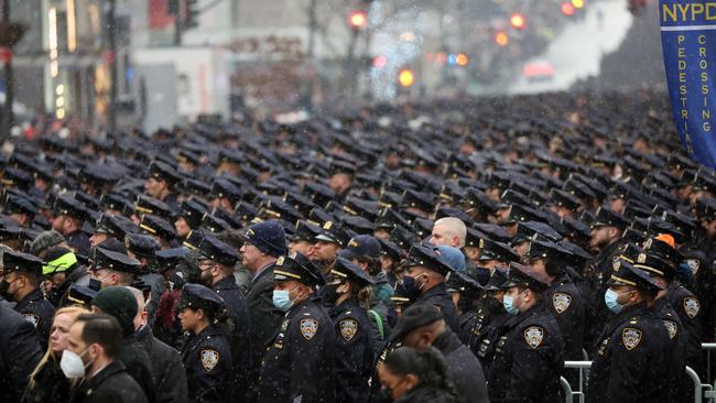 Thousands of police officers from around the country gather at St. Patrick's Cathedral to attend the funeral for fallen NYPD Officer Jason Rivera last week. Picture: AFP