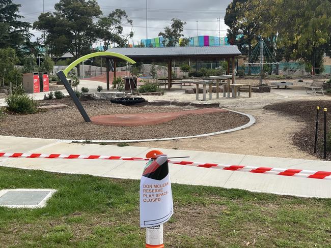 The West Gate Fwy serves as a backdrop for the temporarily closed park in Spotswood. <br/>Picture: Nilsson Jones