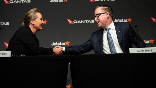 New Qantas boss Vanessa Hudson and outgoing chief Alan Joyce. Picture: NCA NewsWire / Christian Gilles