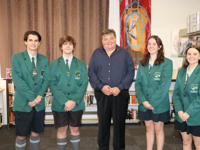 Whitsunday Deputy Mayor John Collins (centre) with 2021 Proserpine State High School vice-captain Luke Handley, captain James Talbot, captain Tessa Jolley and vice-captain Libby Cornish.