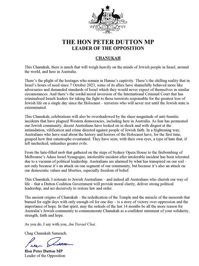 The full letter from Peter Dutton on Christmas Day.