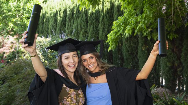 Bachelor of Education graduates Shauna Fisher (left) and Allie Hicks at a UniSQ graduation ceremony at The Empire, Tuesday, October 29, 2024. Picture: Kevin Farmer