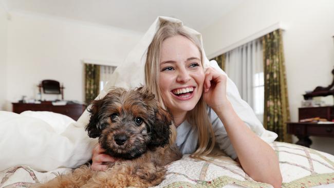 Georgia Taylor, 21, keeps her cavoodle Lucy inside during storms. Picture: Tara Croser