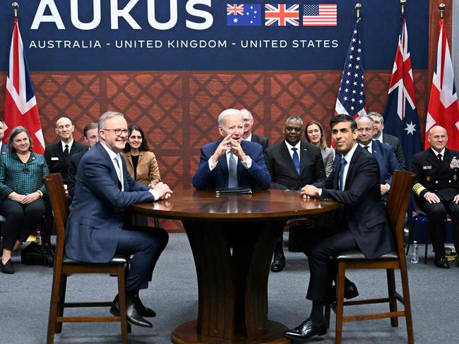 US President Joe Biden (C) with British Prime Minister Rishi Sunak (R) and Australia's Prime Minister Anthony Albanese (L) during the AUKUS summit on March 13, 2023 in San Diego California. Picture: Jim Watson/AFP