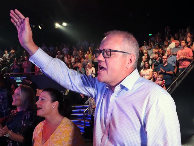 NEWS2019ELECTION 21/4/2019. DAY11/Job1The Prime Minister Scott Morrison with his wife Jenny on Easter Sunday at the Horizon Church in Sutherland. Picture Gary Ramage