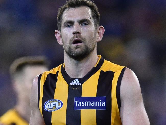 Luke Hodge of the Hawks is seen after the AFL Semi-Final match between the Hawthorn Hawks and the Western Bulldogs at the MCG in Melbourne, Friday, Sept. 16, 2016. (AAP Image/Julian Smith) NO ARCHIVING, EDITORIAL USE ONLY