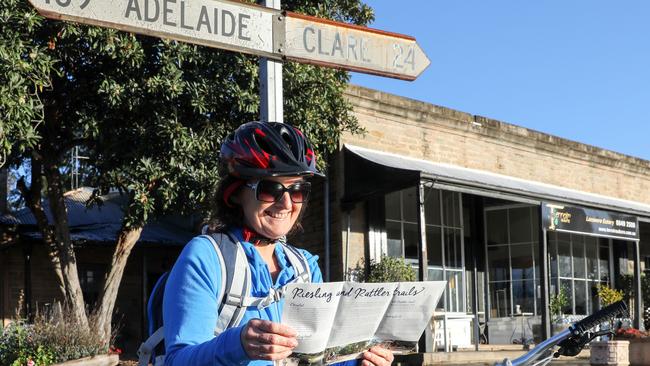 Lynn Cameron checks her bearings on the Riesling Trail.