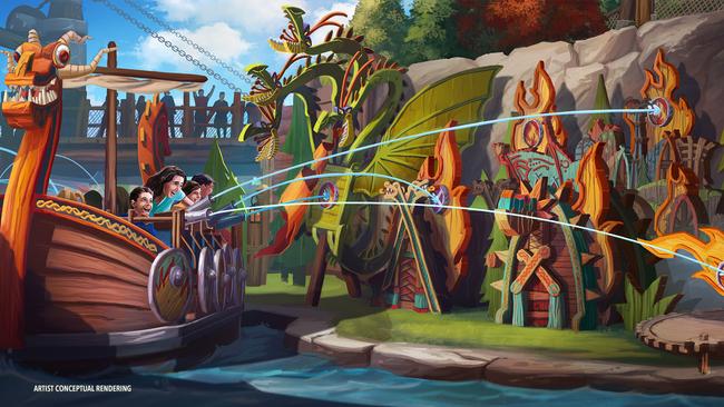 Test your boat battling ability in the Fyre Drill, practising putting out fires, which you'd need while living with dragons. Photo: Universal Epic Universe