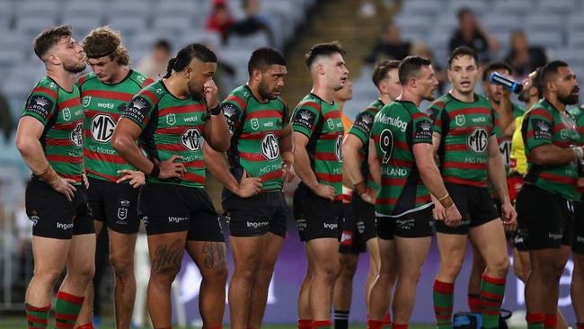 SYDNEY, AUSTRALIA - MAY 05: Cameron Murray of the Rabbitohs and team mates look dejected after a Broncos try during the round nine NRL match between the South Sydney Rabbitohs and the Brisbane Broncos at Accor Stadium, on May 05, 2022, in Sydney, Australia. (Photo by Cameron Spencer/Getty Images)