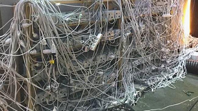 Supplied image of vast electrical wires found inside an industrial complex where cannabis plants were discovered in Mascot, in Sydney's south, Thursday, Nov. 5, 2015. Two men have been charged after more than $2 million worth of cannabis was found in Sydney's south, with officers seizing more than 650 cannabis plants. (AAP Image/NSW Police) NO ARCHIVING, EDITORIAL USE ONLY