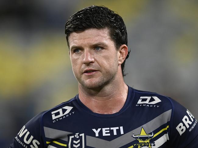 TOWNSVILLE, AUSTRALIA - JUNE 08: Chad Townsend of the Cowboys looks on during the round 14 NRL match between North Queensland Cowboys and New Zealand Warriors at Qld Country Bank Stadium, on June 08, 2024, in Townsville, Australia. (Photo by Ian Hitchcock/Getty Images)