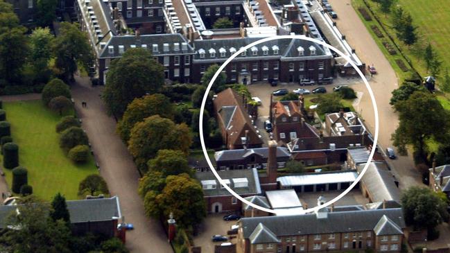 Harry and Meghan lived at Nottingham Cottage (circled) at the time of their wedding. Picture: Getty Images