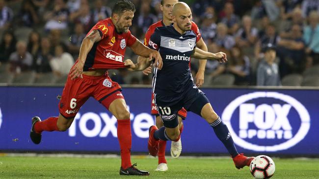 James Troisi in action for Melbourne Victory against his hometown team Adelaide United last A-League season. Picture: AAP Image/George Salpigtidis