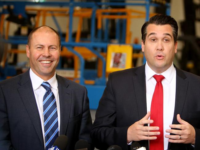 08/07/2019: Federal Treasurer Josh Frydenberg (left) & Assistant Treasurer Michael Sukkar, at Duralift in South Croydon. Stuart McEvoy/The Australian.