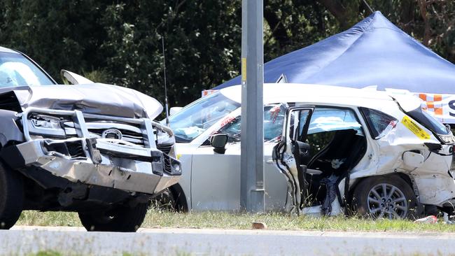 One person died and four others were injured in a crash near the corner of Princes Hwy and Cape Otway Rd in Mount Moriac on Friday. Picture: Alan Barber.