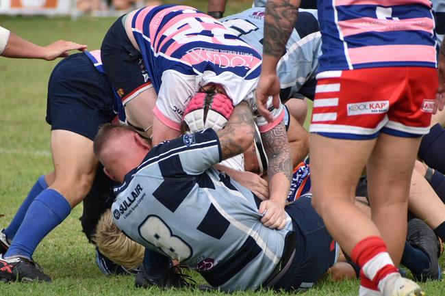 Moranbah's Teran McCasker and Nik Jenkins in a ruck in the Slade Point Slashers v Moranbah Bulls in Mackay Rugby Union Round 4 Seniors A-Grade Anzac Day clash at Cathy Freeman Oval in Slade Point. Saturday, April 23, 2022. Picture: Max O'Driscoll