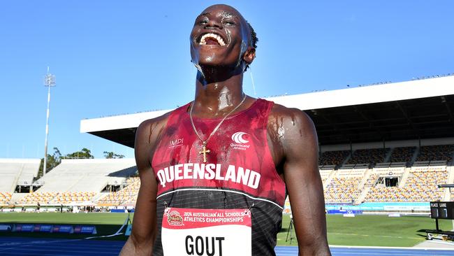 Gout Gout after winning the 200m Australian All Schools track and field championships in Brisbane. Saturday December 7, 2024. Picture John Gass