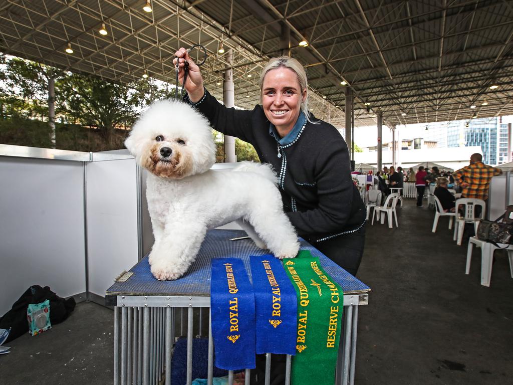 Naomi Conroy with 10 month old Bichon Frise, Millano Sunrise, during the 2022 Ekka dog show. Picture: Zak Simmonds