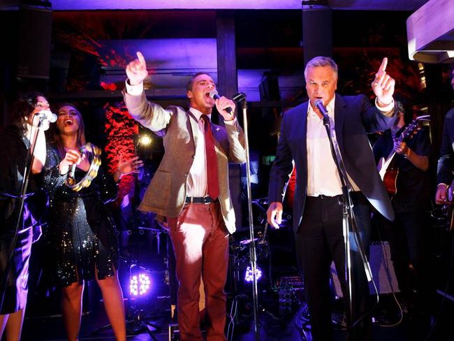 Channel Seven presenters O'Keefe and Peter Mitchell perform the Beatles hit Birthday at the 60 Years of Channel Seven Melbourne celebration at the Stokehouse in St Kilda. Picture: Supplied/Ch7