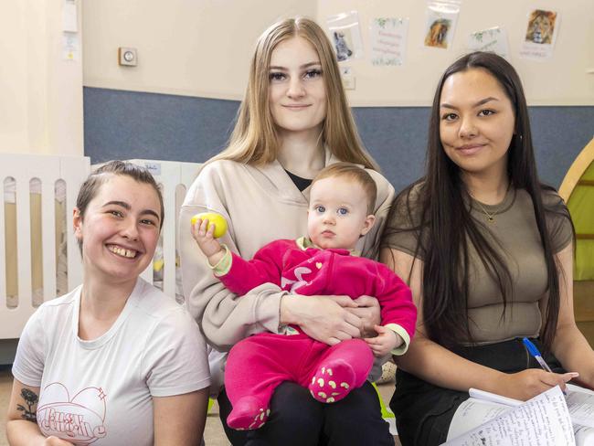 Young Parents school in Narre Warren, which helps young people with children finish off their high school certificate so they can pursue work or a higher level of education.Young mums Phoebe 23, Aahlia 18 with child Amora 9 months and Mel 20.Picture by Wayne Taylor 17th September 2024