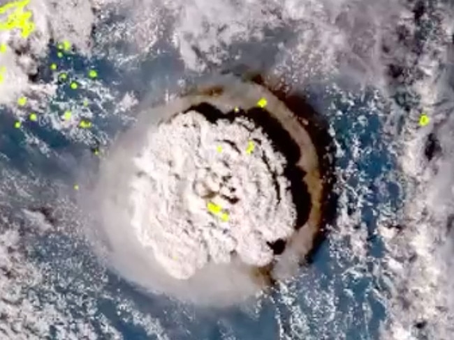 An eruption at Hunga-Tonga-Hunga-Ha'apai has caused a tsunami, with an evacuation warning in place in Tonga. Picture: JMA - Japan Meteorological Agency (https://www.jma.go.jp/bosai/#lang=en&pattern=default)