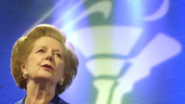 Former British PM Margaret Thatcher addresses an election rally for Conservative Party leader William Hague in 2001. Picture: AP