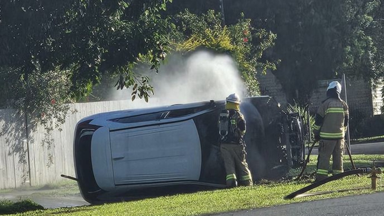 A stolen car was set alight on Koch St, Mooroobool, on September 13, 2024. Picture: Kirsty Green